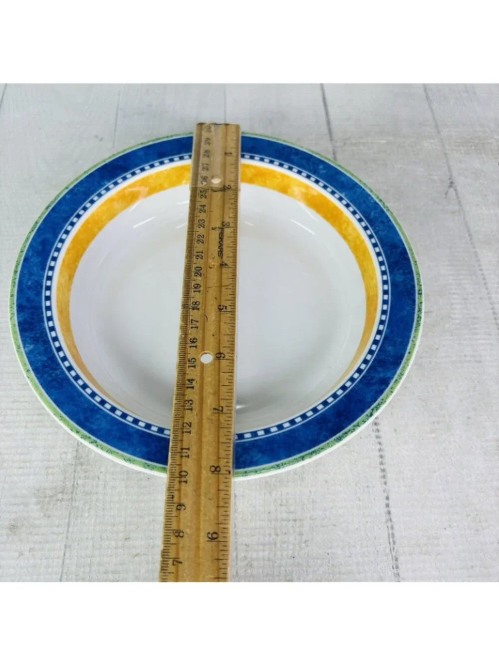 Dansk Bistro KOBENHAVN Blue Yellow Band Smooth Green Trim Rimmed Soup Bowl Set 4